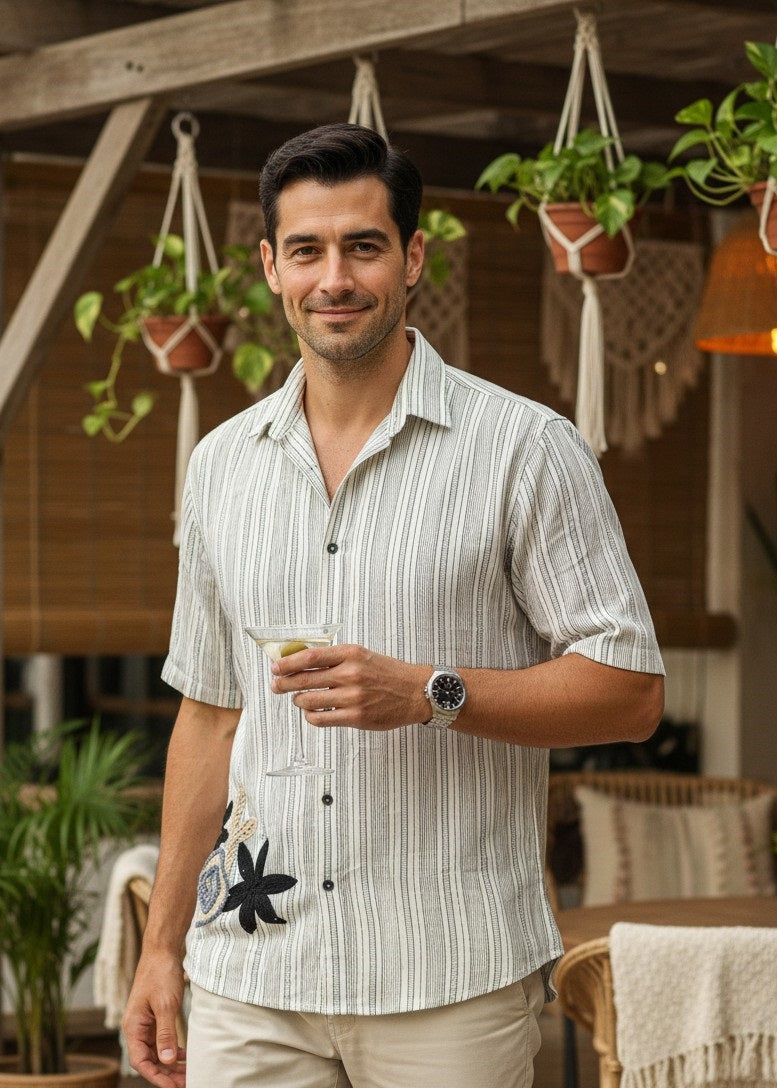 Men Off White Cuban Collar Short Sleeve Striped Relaxed Fit Cotton Shirt