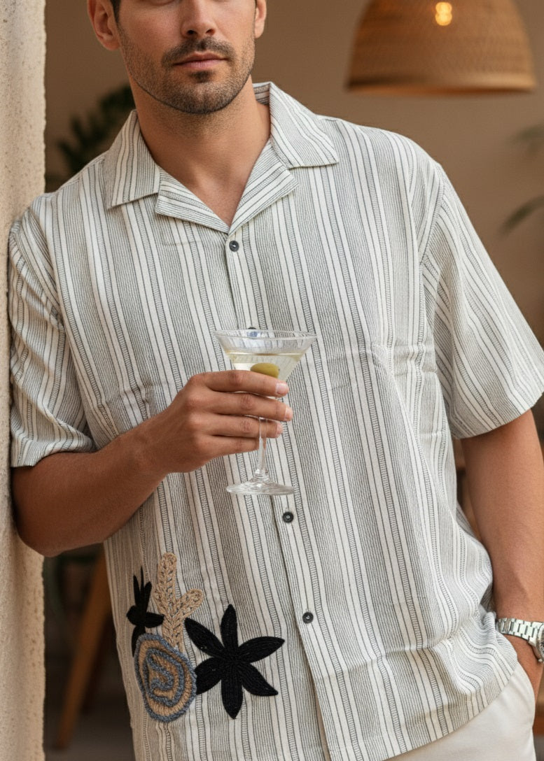 Men Off White Cuban Collar Short Sleeve Striped Relaxed Fit Cotton Shirt