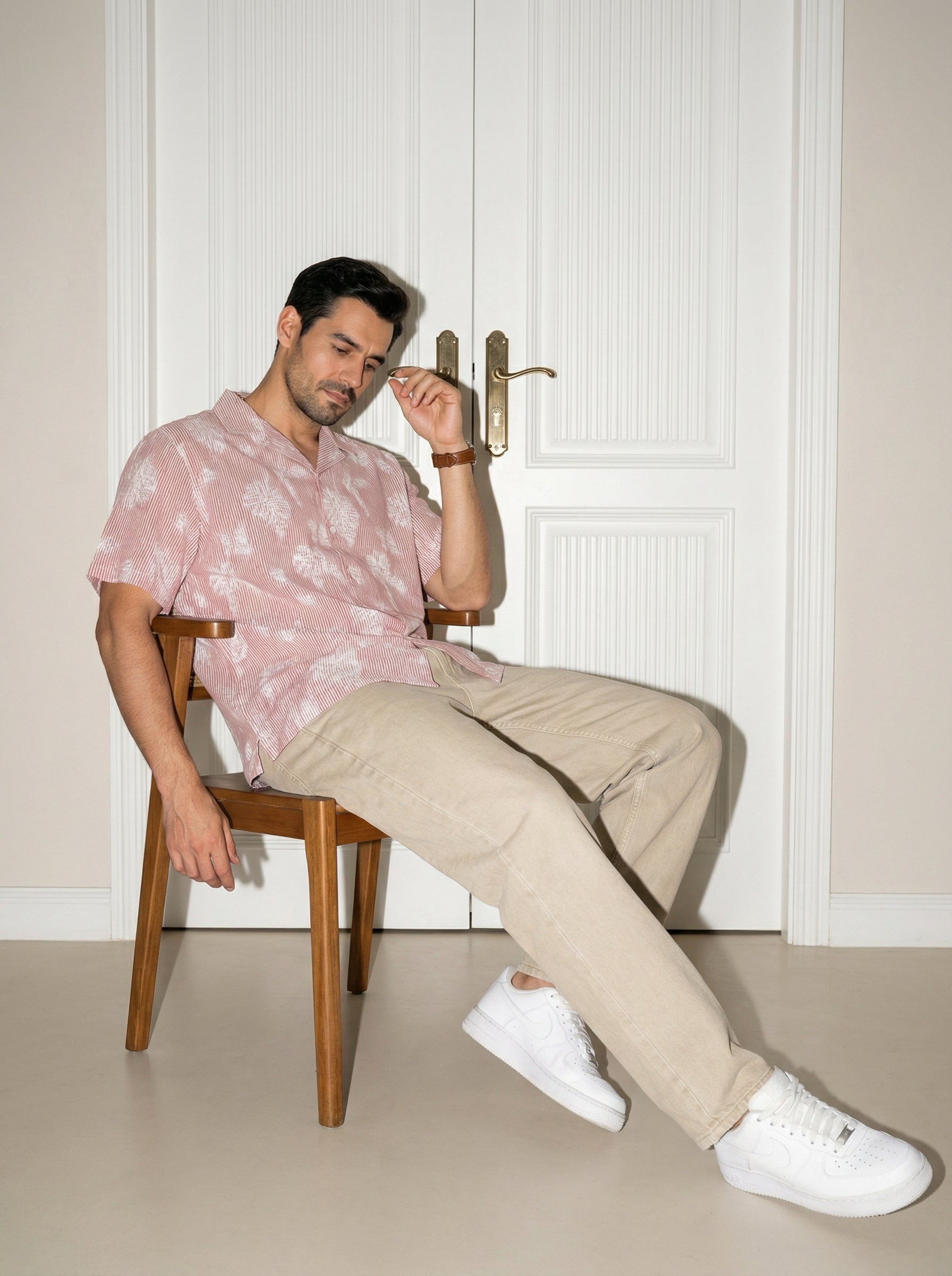 Men's Pink Cuban Collar With Half Sleeves Vertical Stripes Pure Cotton Shirt