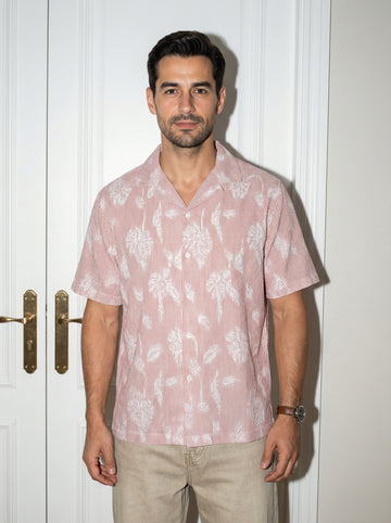 Men's Pink Cuban Collar With Half Sleeves Vertical Stripes Pure Cotton Shirt