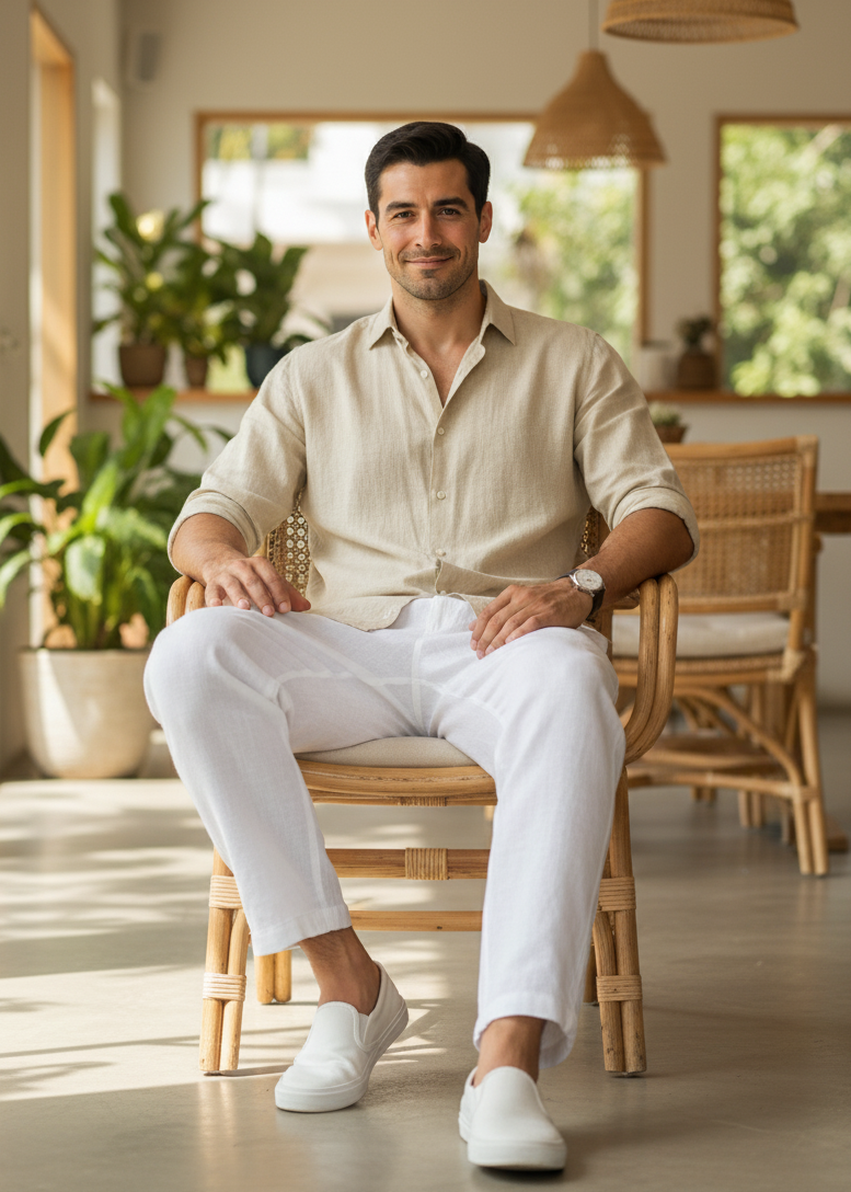 Men’s Breathable White Cotton Summer Trousers